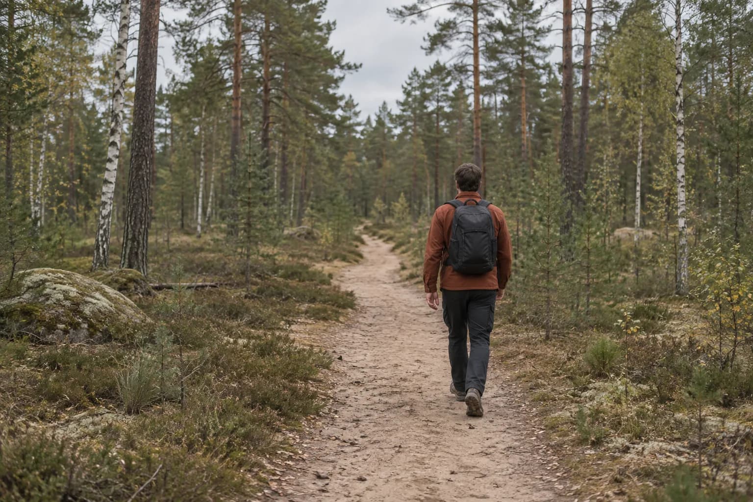 Illustrative scene of a walker carrying a charcoal pack on a sandy forest path.